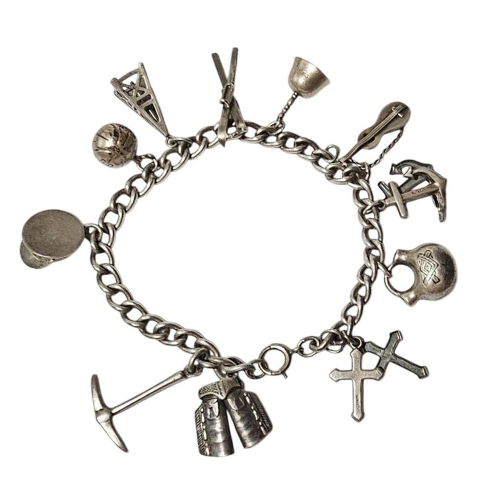 Vintage Sterling Silver 11 Charm Estate Bracelet Cowboy Chaps Native Pottery